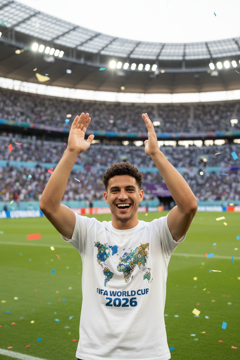 Male model wearing white FIFA World Cup 2026 The Beautiful Game t-shirt