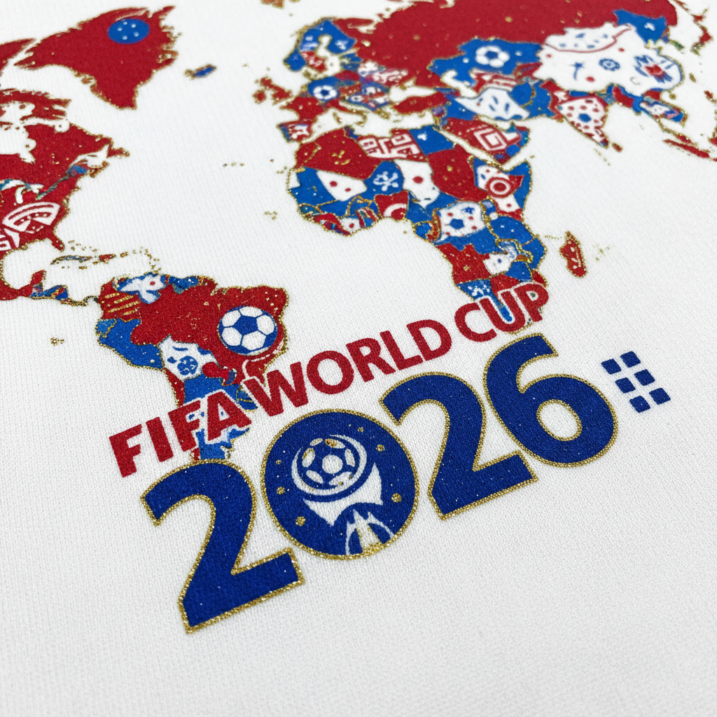 Close up of FIFA World Cup 2026 print detail on white fabric
