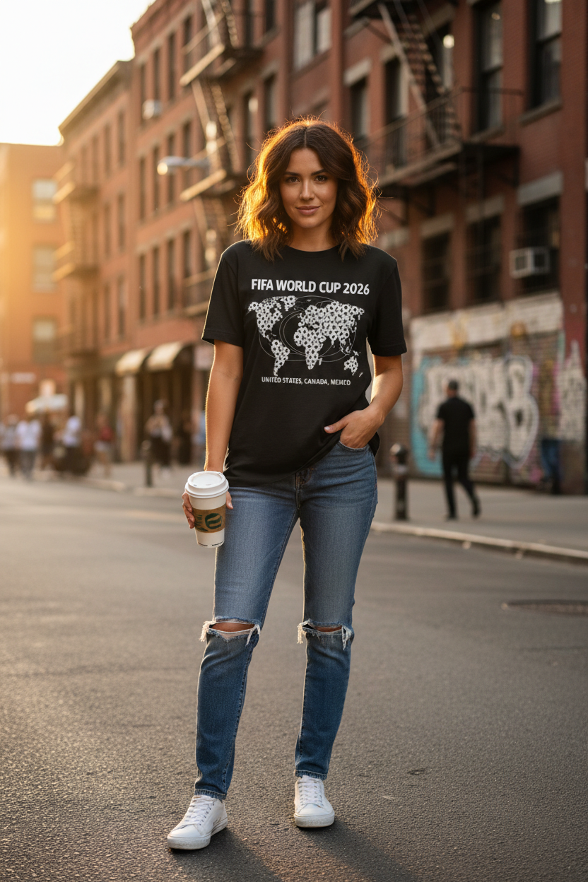 Female model wearing black FIFA World Cup 2026 The Beautiful Game t-shirt
