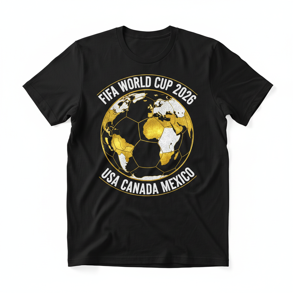 Black t-shirt with FIFA World Cup 2026 football world map design