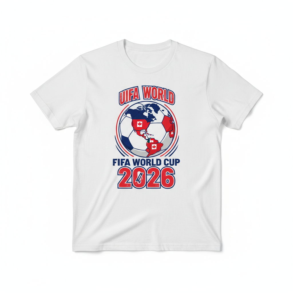 White t-shirt with FIFA World Cup 2026 football world map design