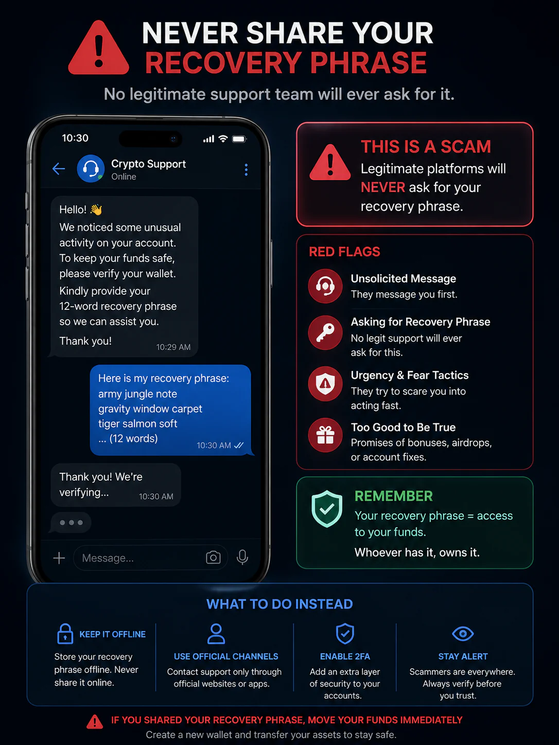 Fake crypto support message asking for a recovery phrase