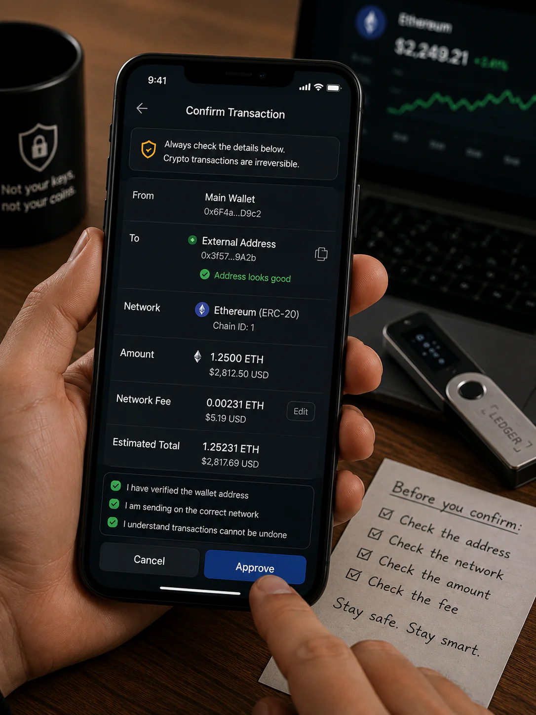 User verifying a cryptocurrency transaction before signing
