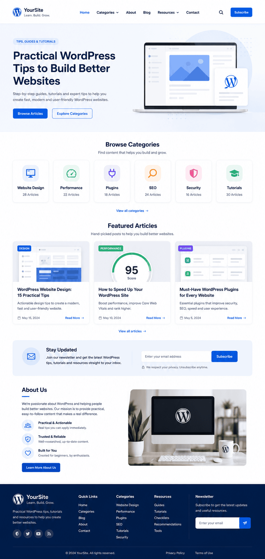 WordPress homepage layout and website design structure