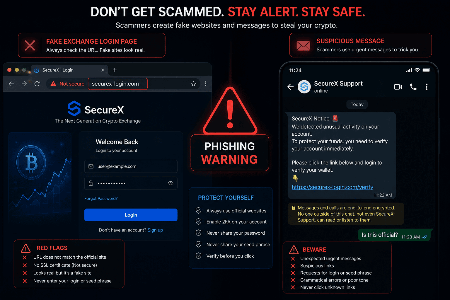 Cryptocurrency phishing scam warning on a fake crypto website