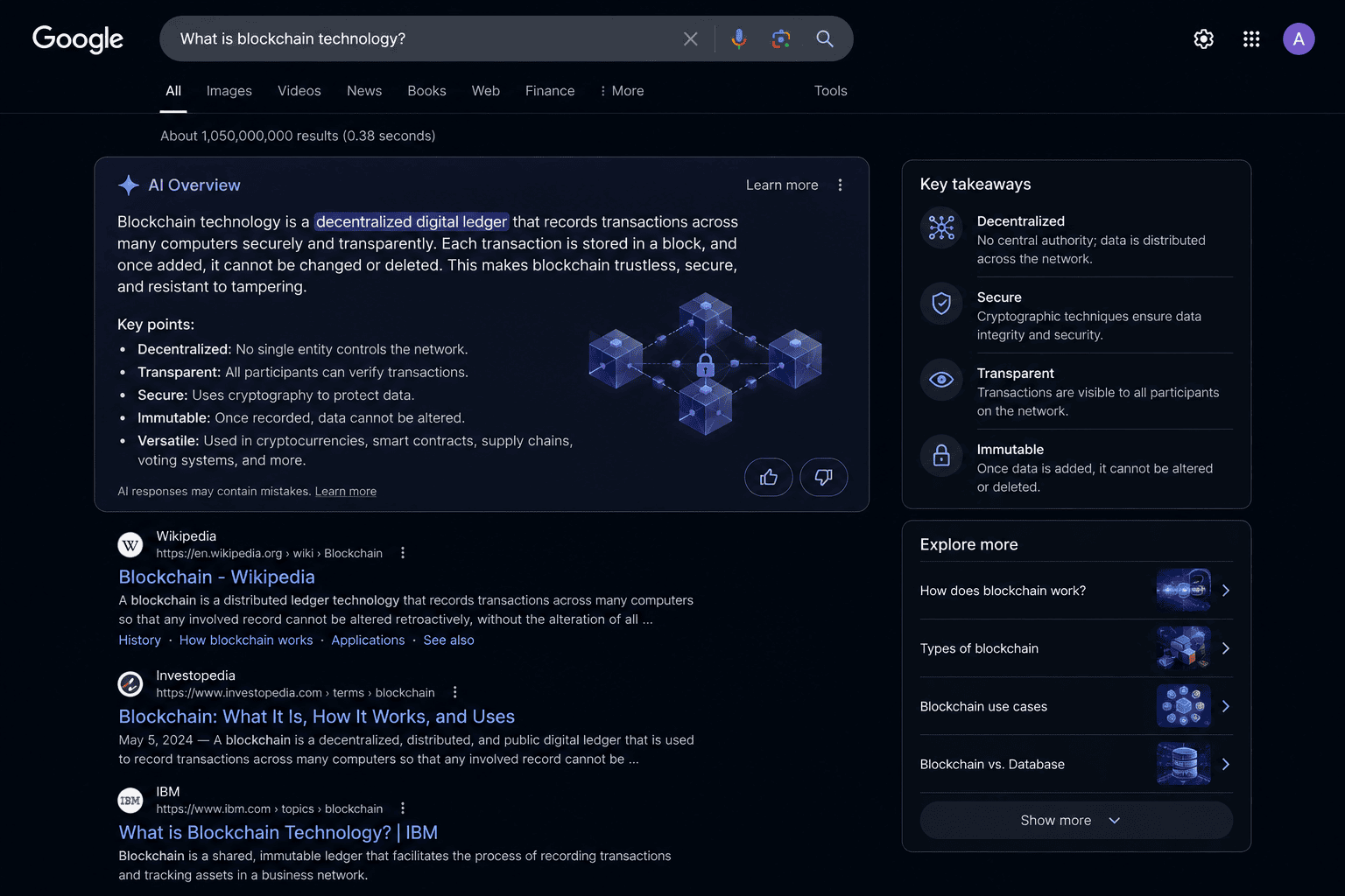 AI-powered search overview with supporting website results