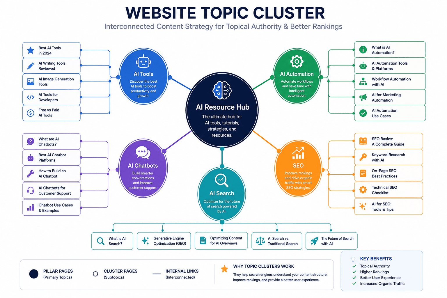 AI SEO topic cluster showing interconnected website content