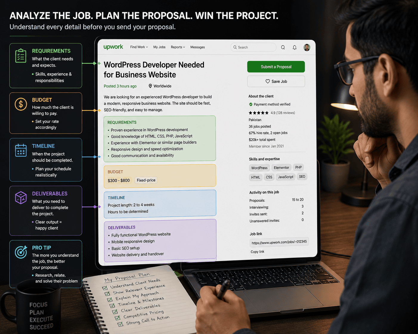 Freelancer researching an Upwork job description before applying