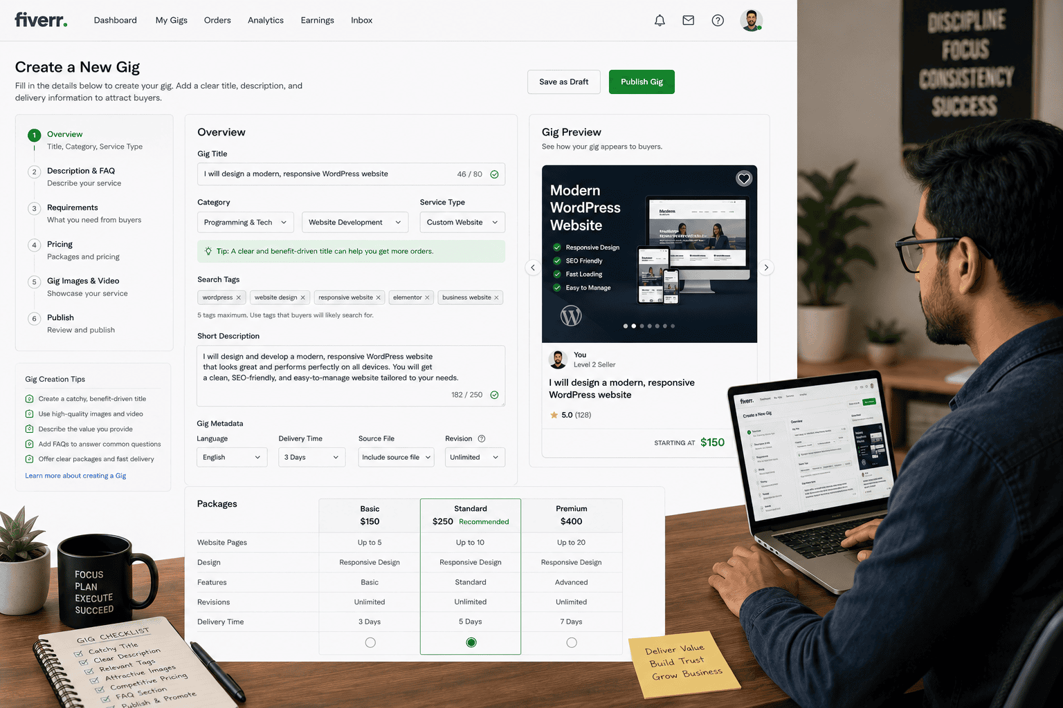 Freelancer creating a Fiverr service Gig