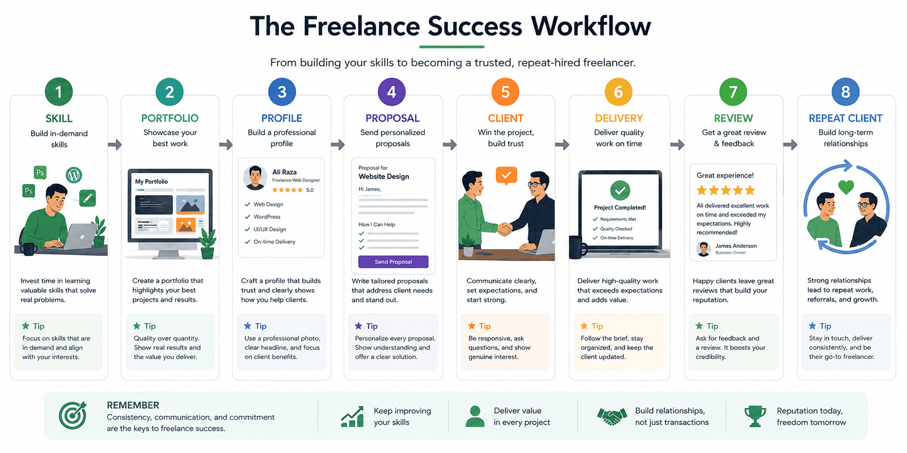 Freelance client acquisition workflow from portfolio to repeat business