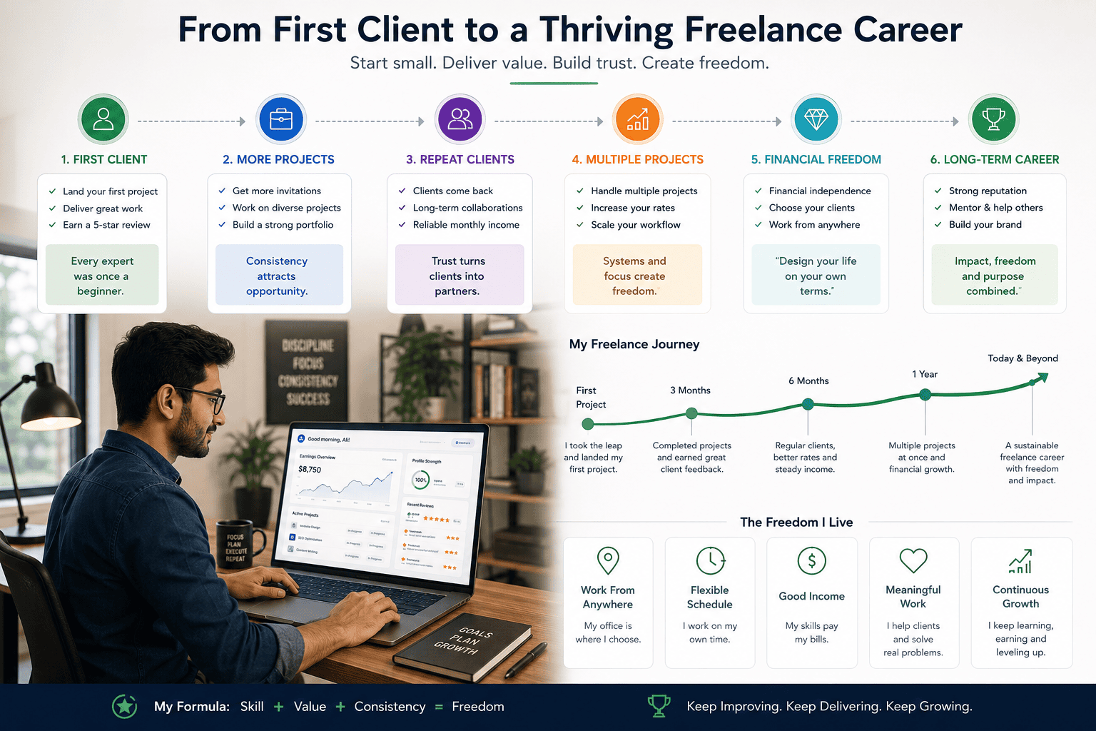 Freelancer building a career from first client to repeat projects