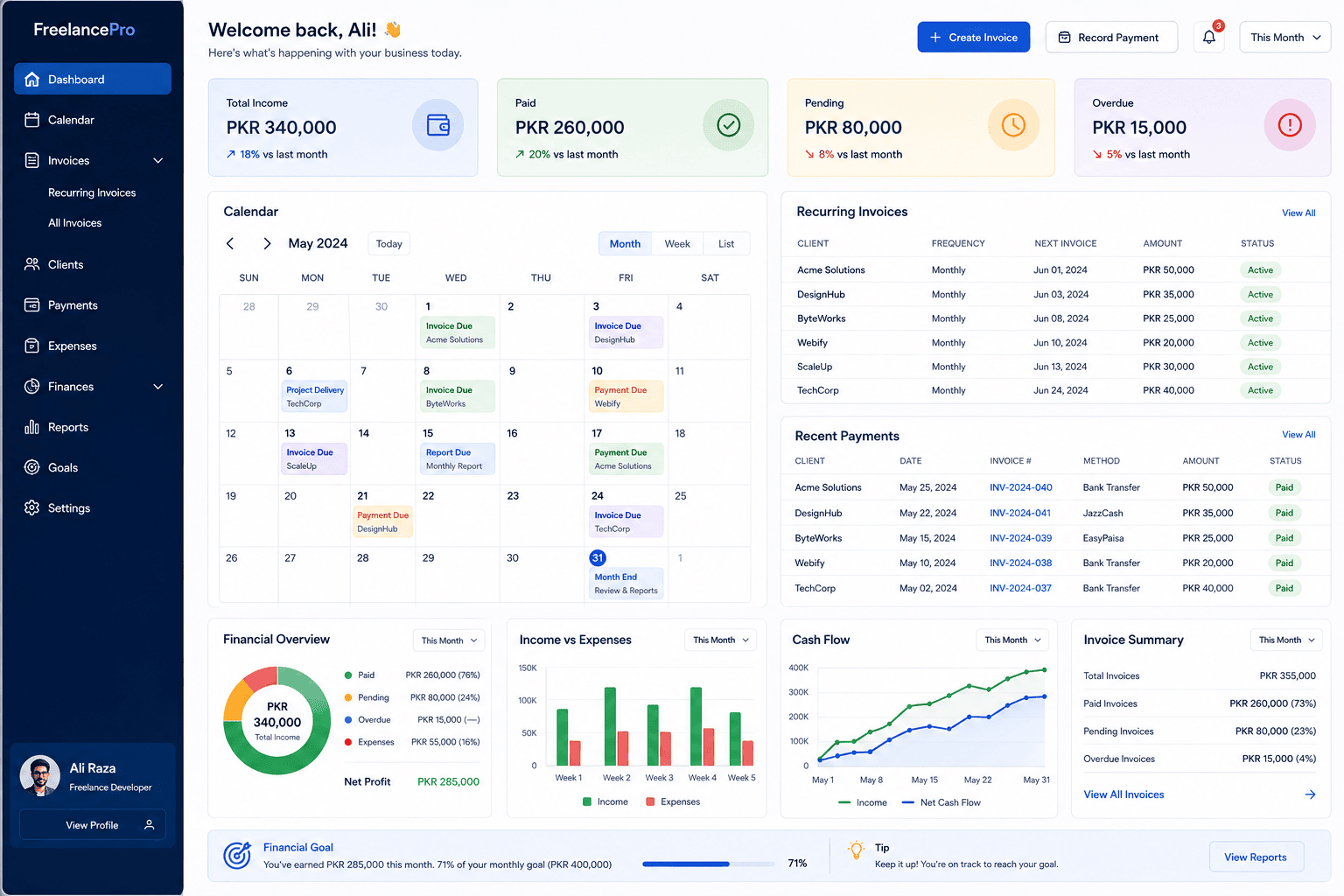Monthly freelance invoice and recurring client billing