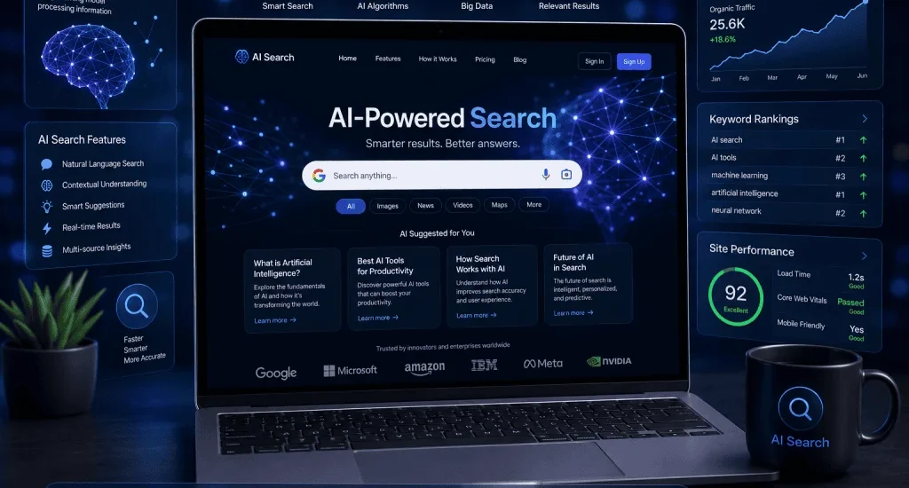 AI search optimization concept showing a website and AI-powered search