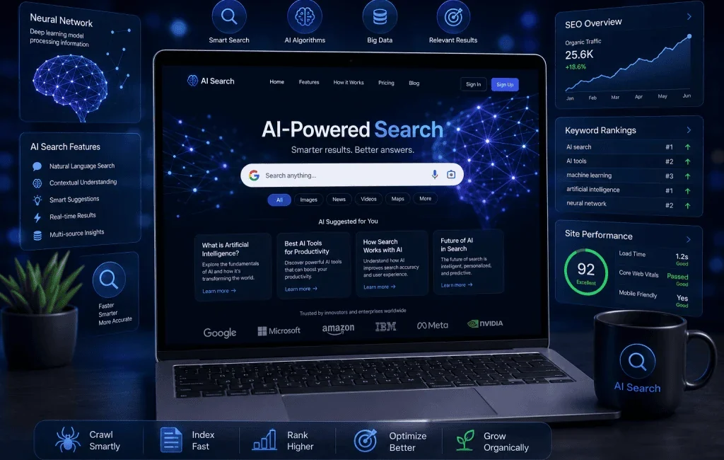 AI search optimization concept showing a website and AI-powered search