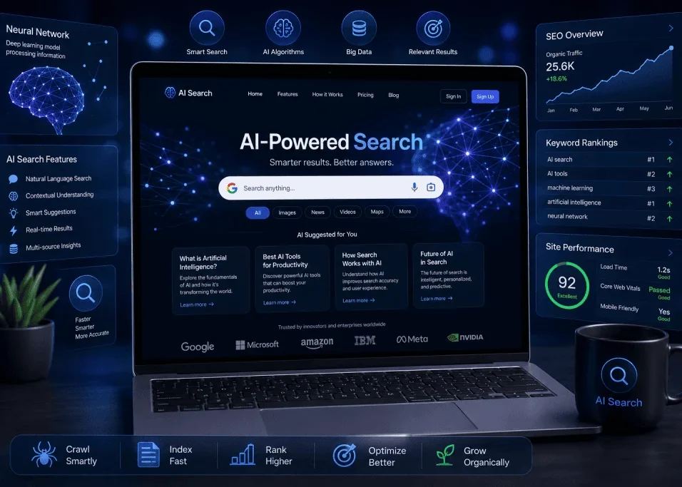 AI search optimization concept showing a website and AI-powered search