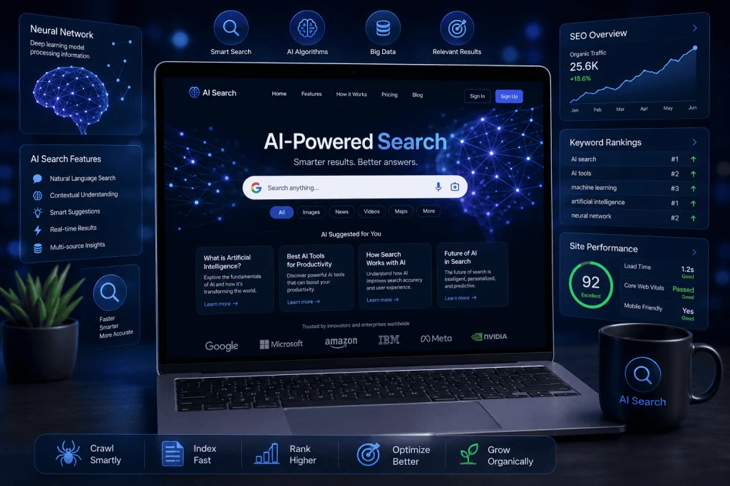 AI search optimization concept showing a website and AI-powered search