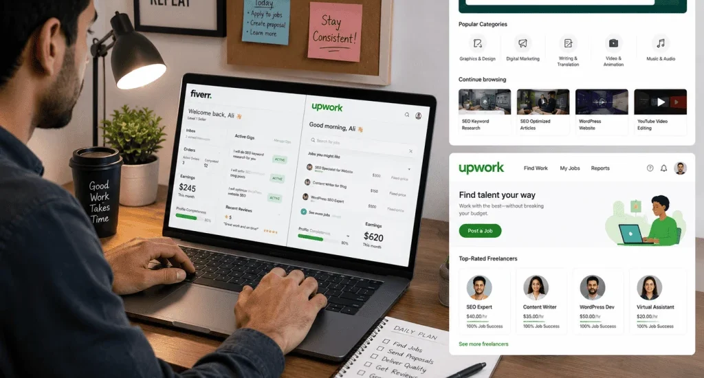 Beginner freelancer learning how to get a first client on Fiverr and Upwork