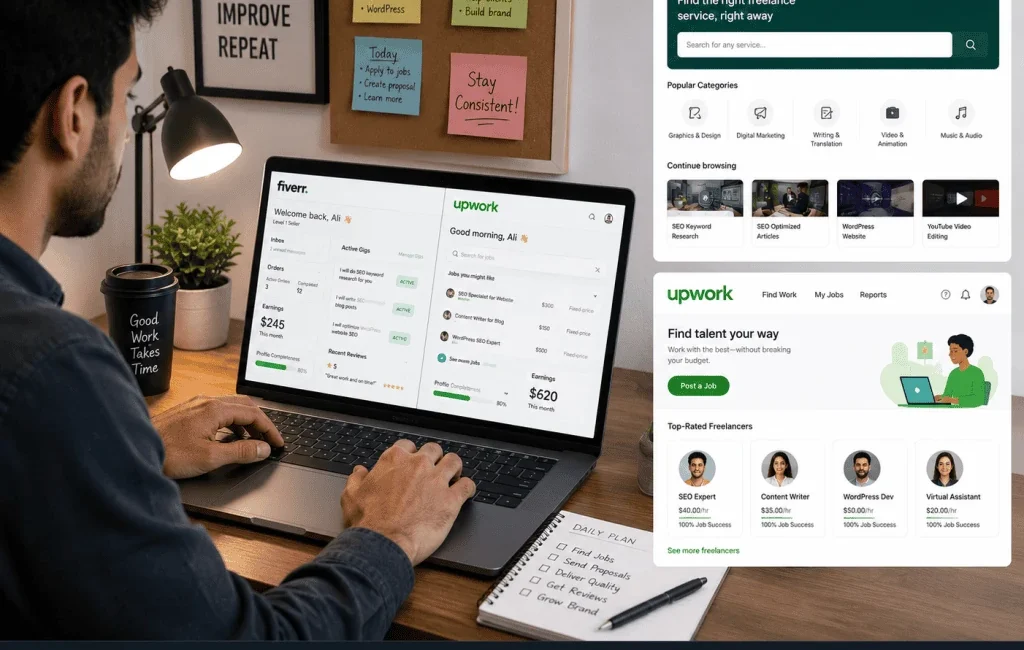 Beginner freelancer learning how to get a first client on Fiverr and Upwork