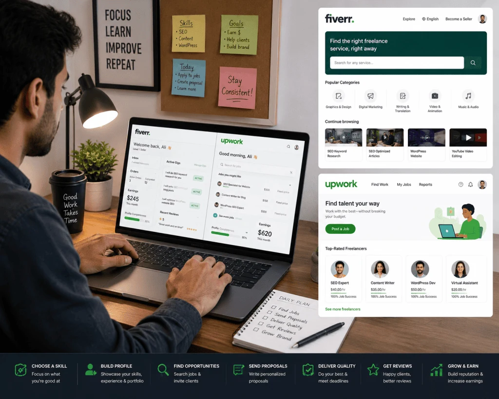 Beginner freelancer learning how to get a first client on Fiverr and Upwork