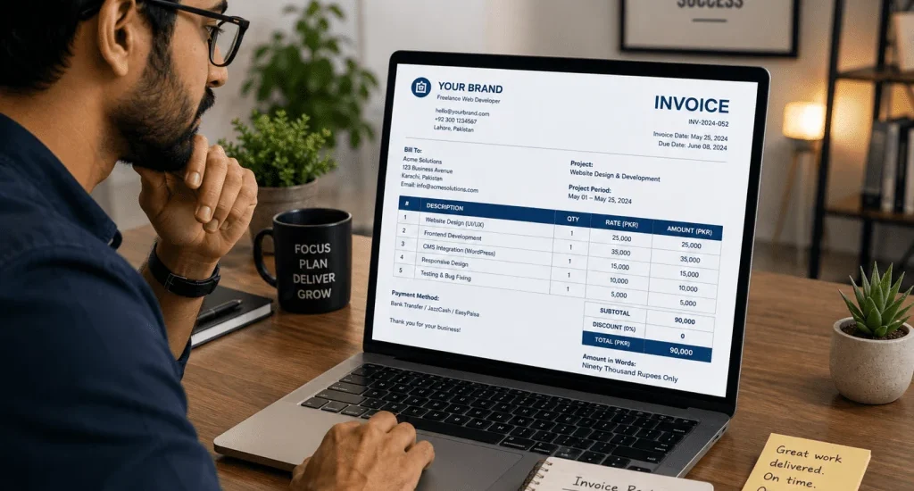Labeled invoice showing invoice number, client details, services, subtotal, total, payment terms.
