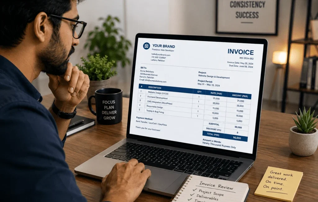 Labeled invoice showing invoice number, client details, services, subtotal, total, payment terms.