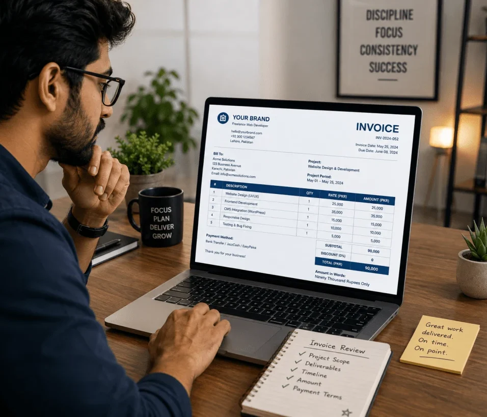 Labeled invoice showing invoice number, client details, services, subtotal, total, payment terms.