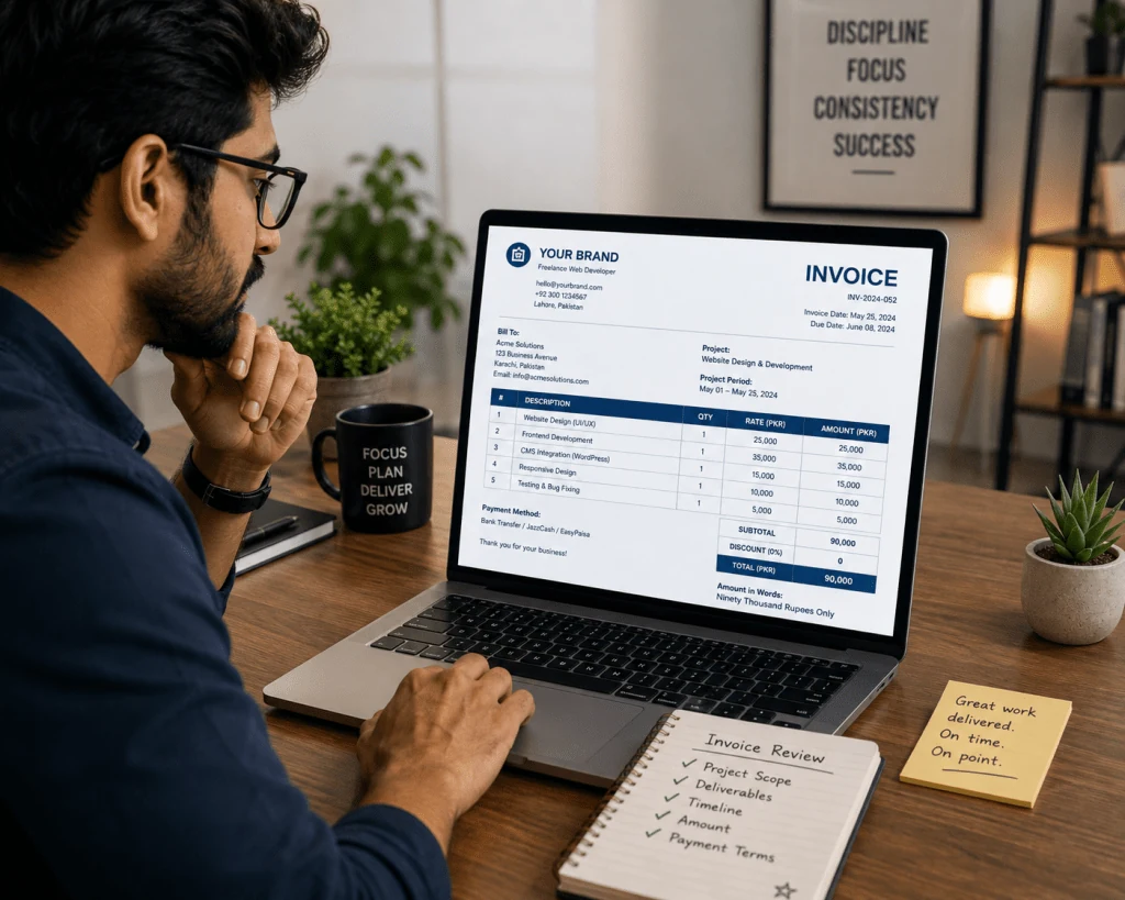 Labeled invoice showing invoice number, client details, services, subtotal, total, payment terms.