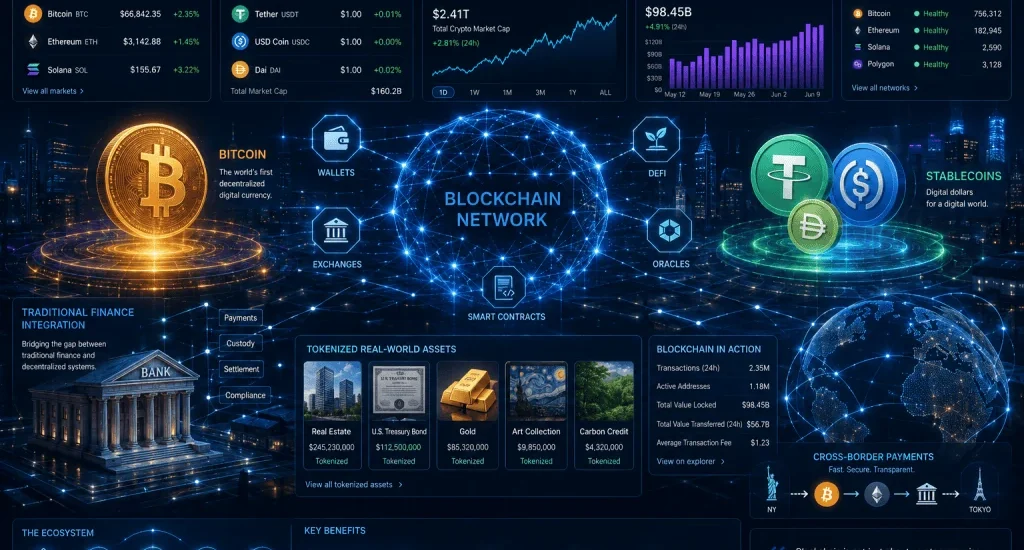 Cryptocurrency trends in 2026 including Bitcoin stablecoins and tokenization
