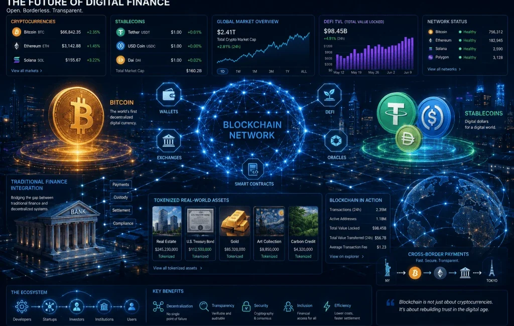 Cryptocurrency trends in 2026 including Bitcoin stablecoins and tokenization