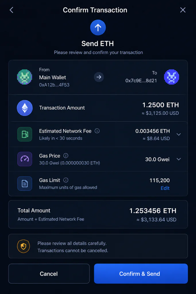 Crypto wallet displaying an estimated gas fee