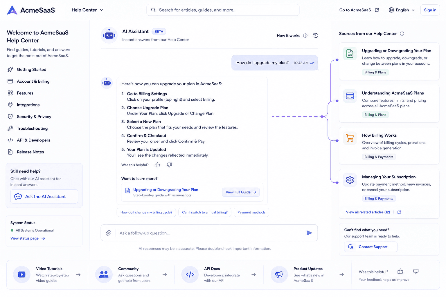 AI chatbot using a business knowledge base to answer customer questions