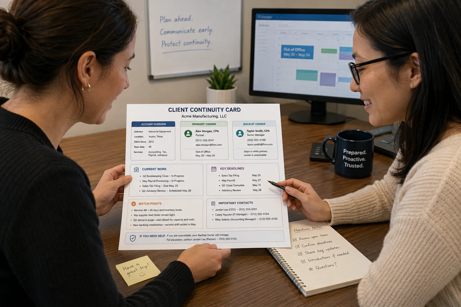 Team handoff using a client continuity card before planned leave