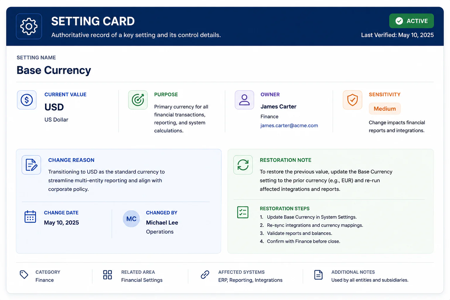 SaaS setting card documenting configuration value purpose owner, and change reason