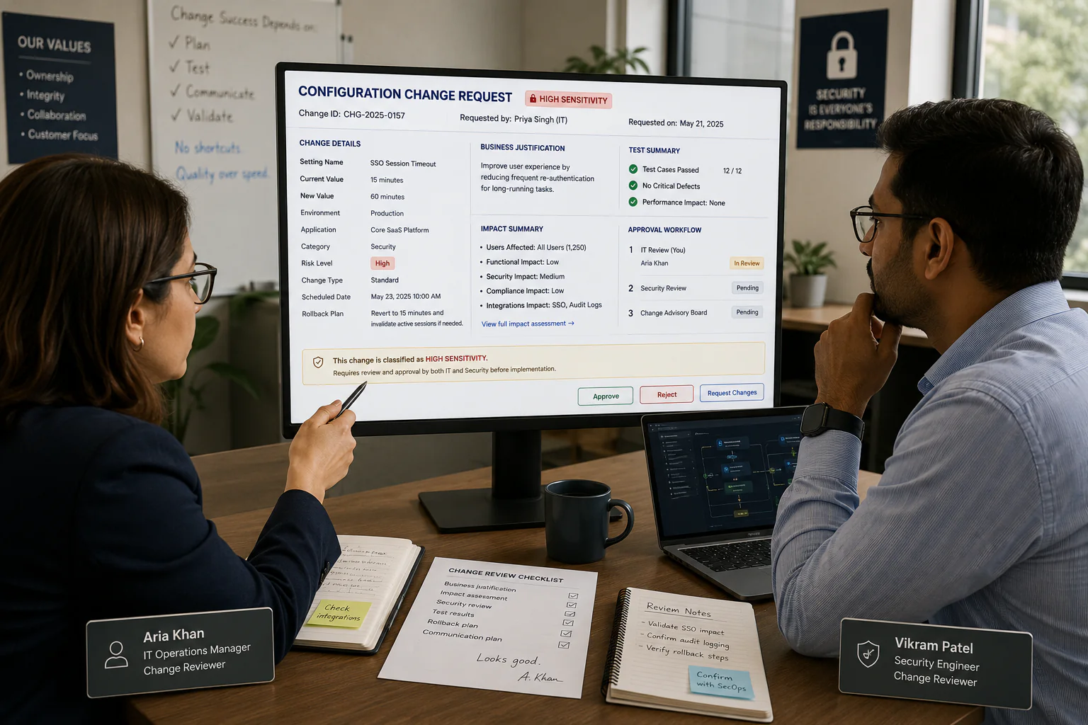 Small business team reviewing SaaS configuration changes before approval