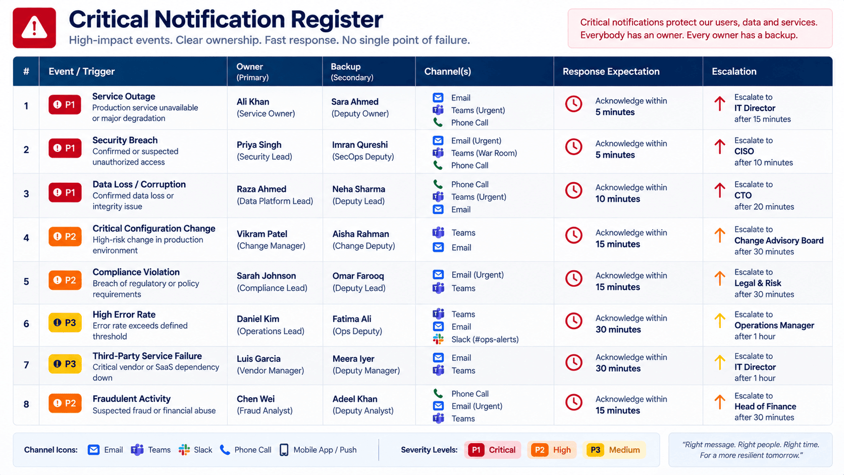 Critical SaaS notification register showing owners backup channels and escalation