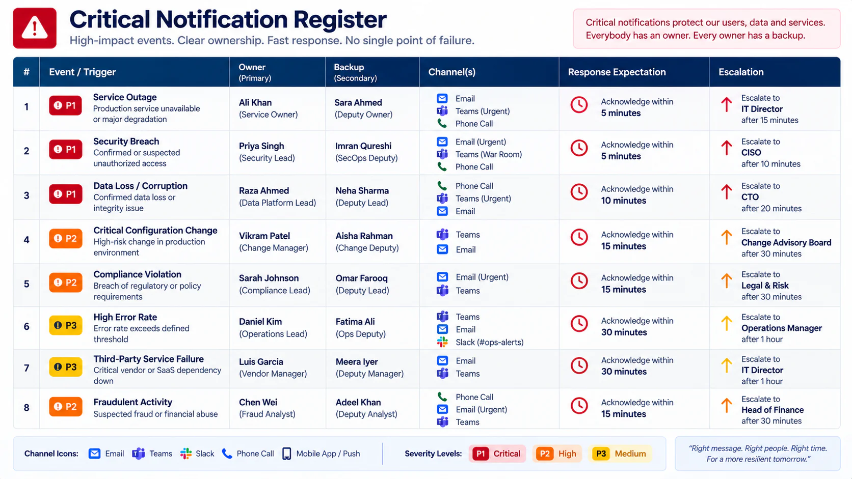 Critical SaaS notification register showing owners backup channels and escalation