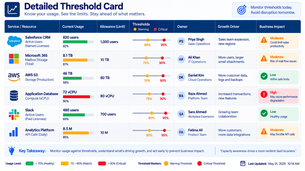 SaaS usage threshold card with capacity and ownership details