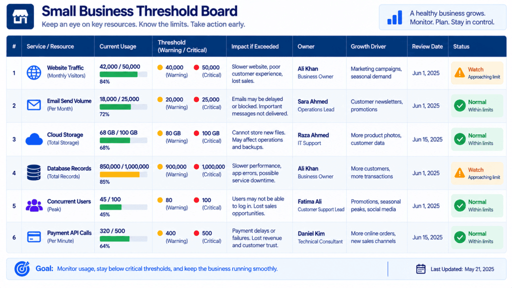 Small business SaaS usage threshold monitoring board