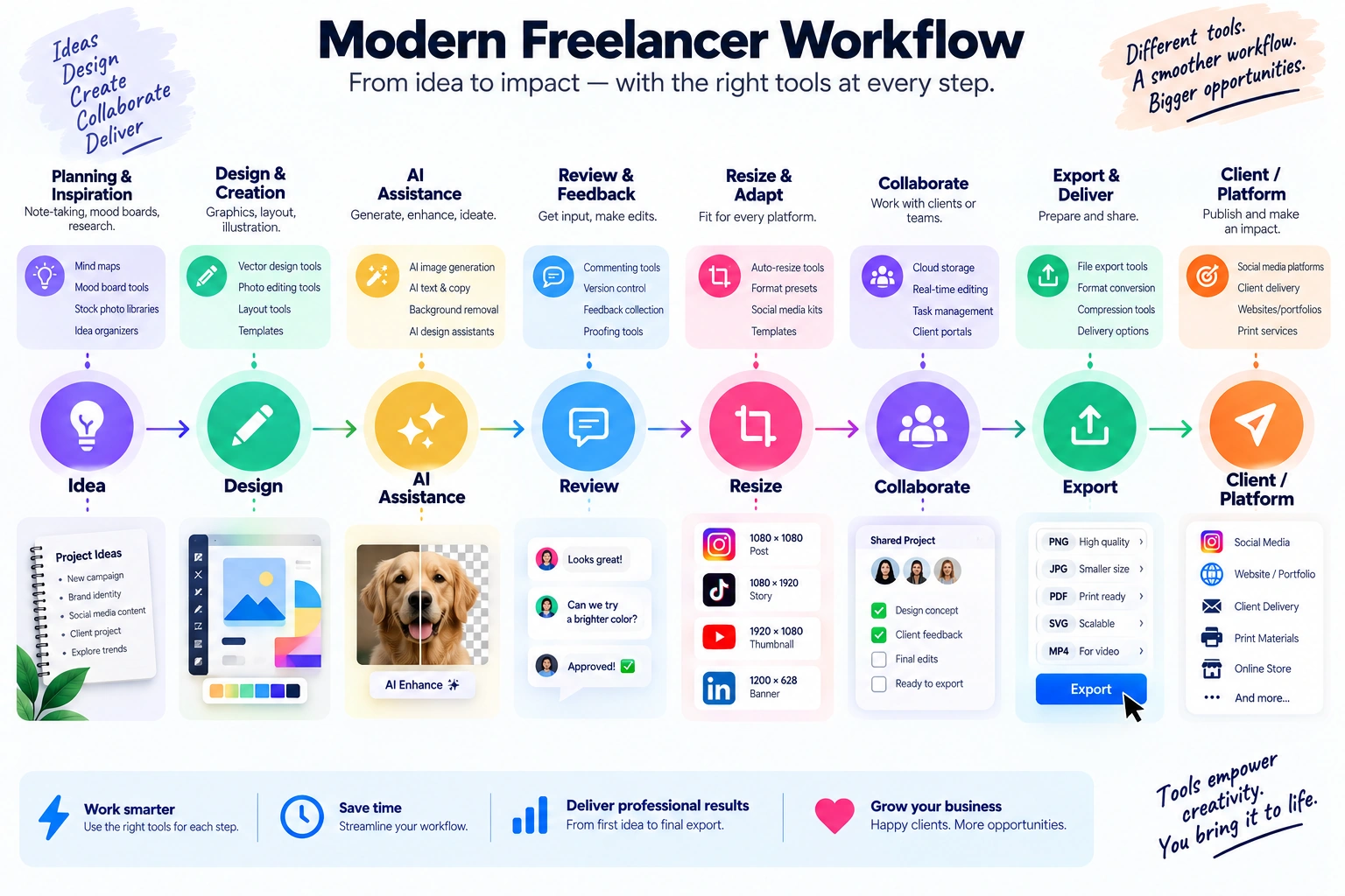 Modern 2026 graphic design workflow from concept through AI assistance, collaboration, review and export