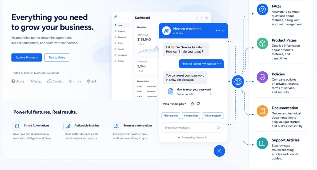 AI website chatbot connected to a structured knowledge base