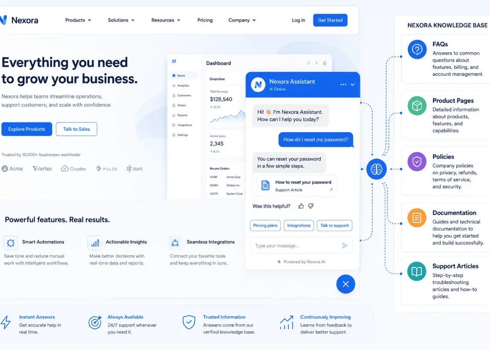 AI website chatbot connected to a structured knowledge base