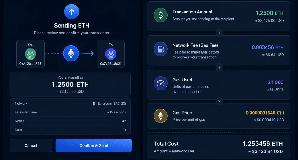 Cryptocurrency wallet showing blockchain gas fees