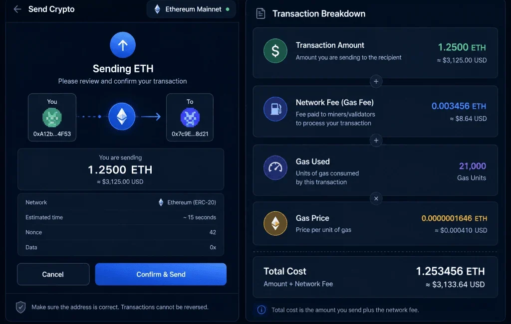 Cryptocurrency wallet showing blockchain gas fees