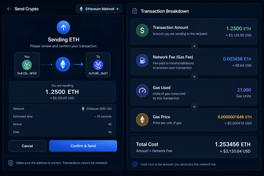 Cryptocurrency wallet showing blockchain gas fees
