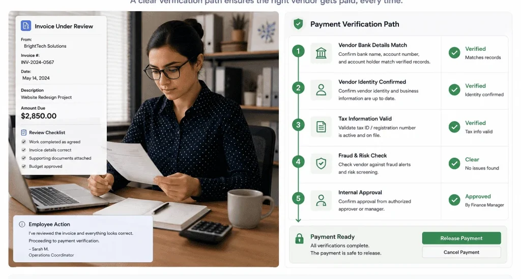 Payment verification process for small businesses reviewing vendor invoices