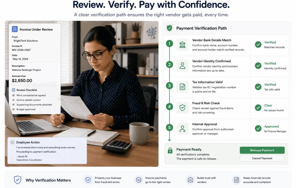 Payment verification process for small businesses reviewing vendor invoices