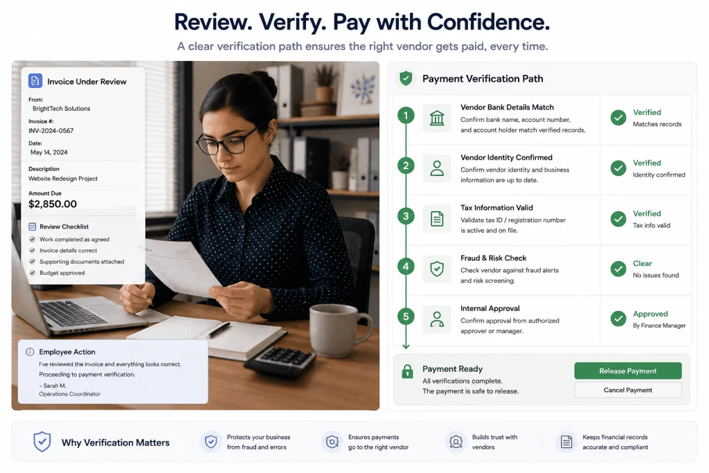 Payment verification process for small businesses reviewing vendor invoices