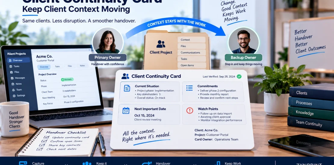 Client continuity card transferring project context from a primary owner to a backup team member