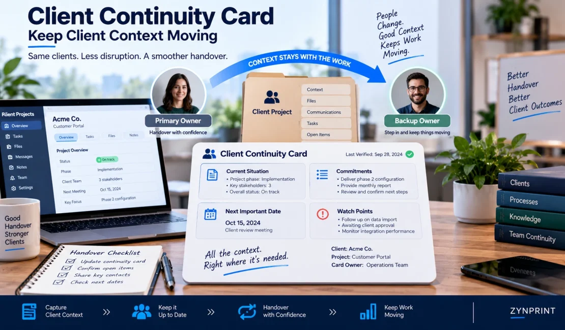 Client continuity card transferring project context from a primary owner to a backup team member