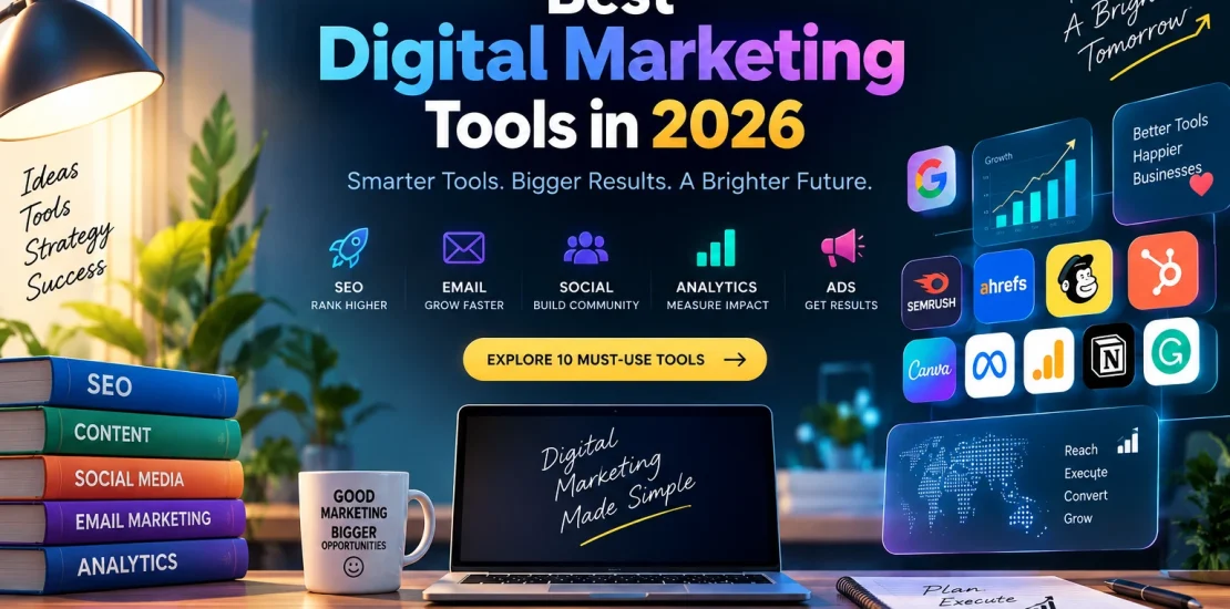 Stylish digital marketing workspace featuring SEO, email, social media, analytics and advertising tools in 2026